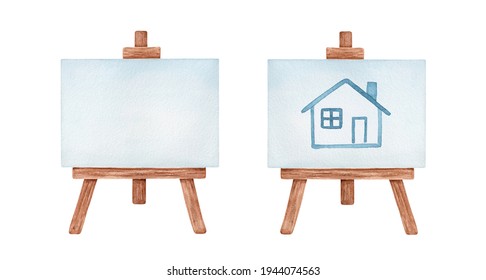 Set Of Two Artists' Wooden Easels: Blank One And With Simple Little House Drawing. Handdrawn Watercolour Sketchy Illustration, Cutout Clip Art Elements For Creative Design Decoration, Sticker, Banner.