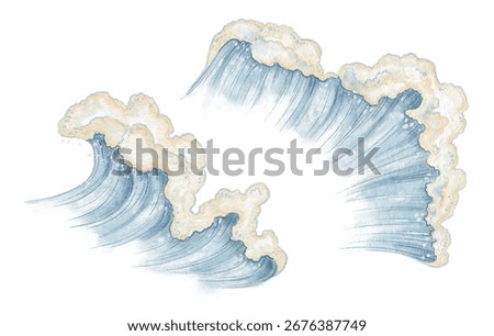 Set of two blue sea waves with foam in watercolor and colored pencil. Above and side view illustration with ocean tide and splash. Great for summer design. Perfect for coastal art and travel theme.