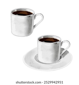 Set of two coffee cups. one with a saucer. Cups of coffee or tea. Porcelain or glass. White. Watercolor illustration. No background