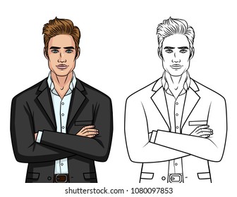 Set two elegant gentleman's: colorful character   line silhouette isolated from white background  Handsome guy in suit standing in front and crossed hands