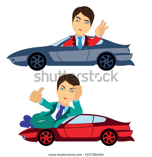 Set of two happy men in suit with nice\
cars, conceptual cartoon illustration\
