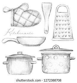 Set With Two Pots, Pan, Oven Mitt, Spatula And Grater Isolated On White Background. Lead Pencil Graphic Illustration