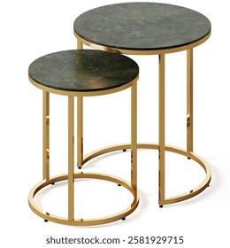 A set of two round side tables with dark green marble tops and elegant gold metal frames, offering a luxurious and space-saving design. Isolated on white background. Top view. 3d render.