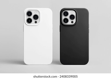 set of two smart phones in white and black cases back view isolated on gray background, iPhone 15 and 14 Pro max case mock up
