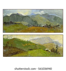 Set Of Two Summer Mountain Landscapes.  Oil Painting. Hand Painted. Square Frame. Can Be Used For Greeting Cards, As A Nature Background