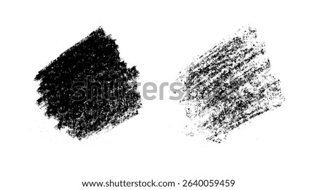 Set of two texture spots. Filled with texture of wax crayons, chalk, pencils. One spot is light gray. Other is black with gradient to gray. Spots are in shape of rhombus. Isolated on white background.