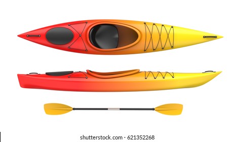 Set of two views plastic kayak yellow-red fire color withe oar. 3D render, isolated on white background.