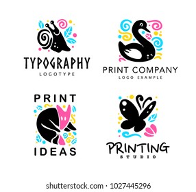 Set of typography and design studio logo with cute animals - fox, snail, swan and butterfly. Flat cute funny hand drawn animal silhouette isolated on white background.