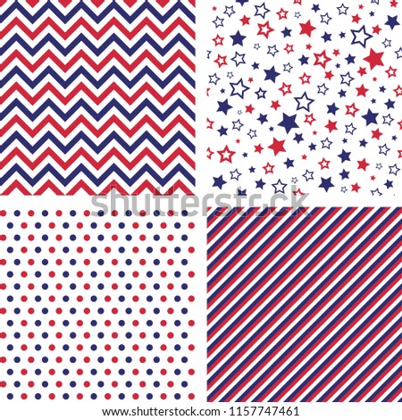 Set of US style seamless patterns. Print backgrounds. Stars, chevron, polka dot, striped. Raster version