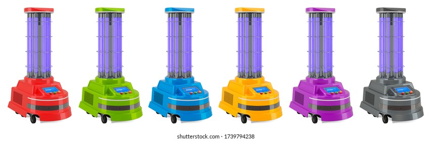 Set of UV disinfection robots, 3D rendering isolated on white background