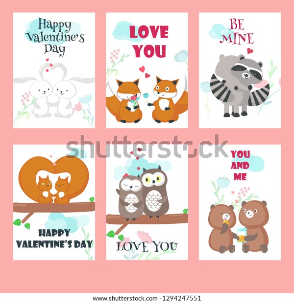 Set Valentine Day Cards Cute Animals Stock Illustration 1294247551