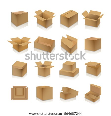 Set of various cardboard boxes with shadow and mirror reflection isolated on white background,  illustration.