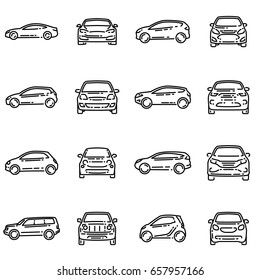 Set Of Various Cars Front And Side View Outline  Icon.