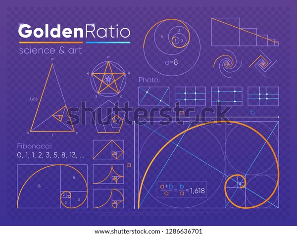 紫の透明な背景に作られた金の比の法則に従った様々な図形と形のセット のイラスト素材