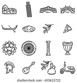 Set Of Various Italian Symbols. Flat Outline  Icons.