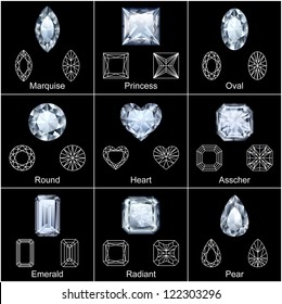 Set of variously shaped realistic diamonds - raster version