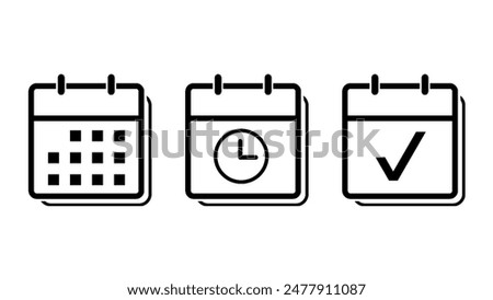 set vector square icon page calendar. mark agenda app, time, watch, deadline, date page icon and mark done, yes, success, check, approved, confirm, reminder, schedule, line simple sign.