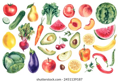 A set of vegetables and fruits. Watercolor illustration. Lemon, cherry, watermelon, apple, pear, cabbage, eggplant, carrot, onion, pepper, beetroot, peas, broccoli, avocado, peach, cucumber, tomato