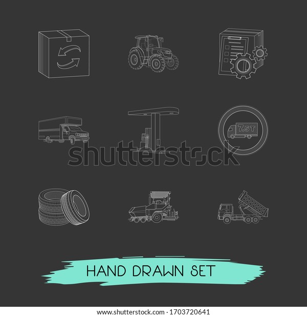 Set of vehicle icons line style symbols with easy\
returns, gas station, tractor and other icons for your web mobile\
app logo design.