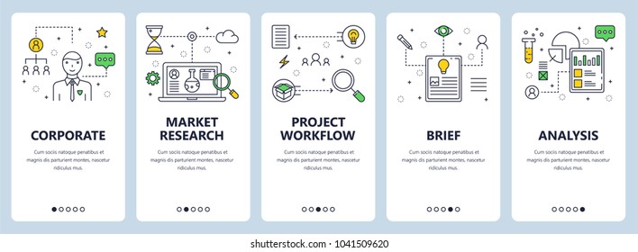 Set Of Vertical Banners With Corporate, Market Research, Project Workflow, Brief, Analysis Concept Website Templates. Modern Thin Line Flat Style Design Elements For Web, Print.