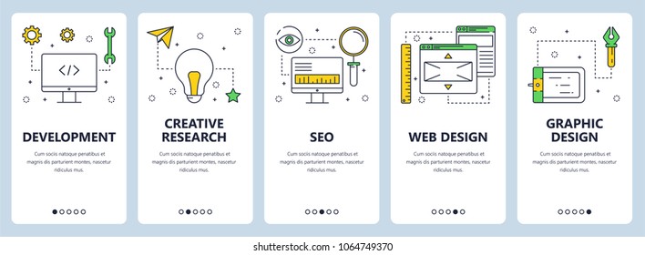Set of vertical banners with Development, Creative research, SEO, Web design, Graphic design website templates. Modern thin line flat style design.