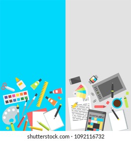 Set vertical banners, flat design of modern creative office workspace, workplace of a designer, art studio. The office of a creative worker. Flat style for web and mobile