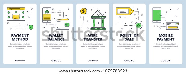 Set of vertical banners with\
Payment method, Wallet balance, Wire transfer, Point of sale,\
Mobile payment website templates. Modern thin line flat style\
design.