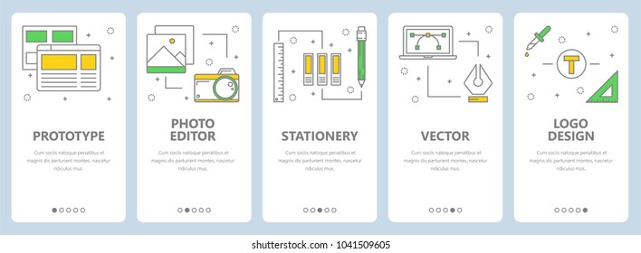 Set Of Vertical Banners With Prototype, Photo Editor, Stationery, Vector, Logo Design Website Templates. Modern Thin Line Flat Style Design Elements For Web, Print.