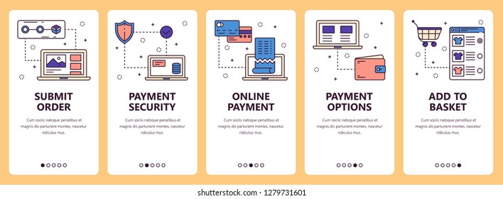 set of vertical banners with Submit order, Payment security, Online payment, Payment options, Add to basket website and mobile app templates. Modern thin line flat style design.