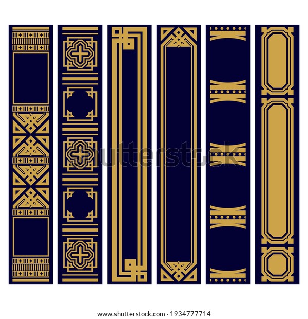 Set of Vertical\
ornaments for spines of books . Samples of roots of the book.\
Geometric vertical frames in the Art Deco style. Luxury gold and\
blue pattern. Rasterized\
version.