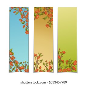 Set of vertical spring banners. Red flowers and leaves on tree branches. Hello spring! There is place for your text.