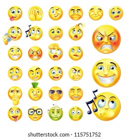 A Set Of Very Original Emoticon Or Emoji Icons Representing Lots Of Reactions, Personalities And Emotions