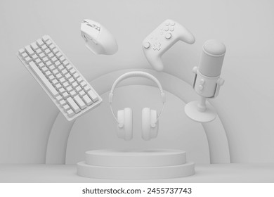 Set of video game joystick, microphone and headphones on cylinder podium on monochrome background. 3d render of display product like streaming gear for cloud gaming and gamer workspace - Powered by Shutterstock