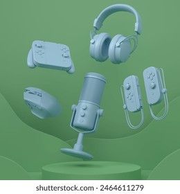 Set of video game joystick, microphone and headphones on cylinder podium on monochrome background. 3d render of display product like streaming gear for cloud gaming and gamer workspace - Powered by Shutterstock