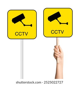 Set of video surveillance sign with a pole and in a person’s hand on a blank background. Ideal for security warnings, safety measures, or crime prevention. - Powered by Shutterstock