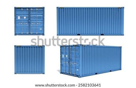 Set of views of a blue cargo container. Realistic 20 foot shipping container with a shadow and closed doors. Isolated. White background. 3D illustration