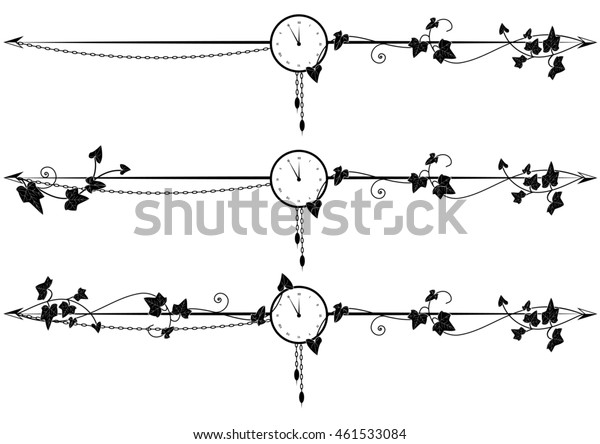 set of\
vignette with ivy and clock in black and\
white