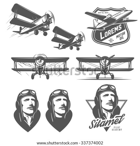 Set of vintage aircraft design elements. Biplanes, pilots, design emblems