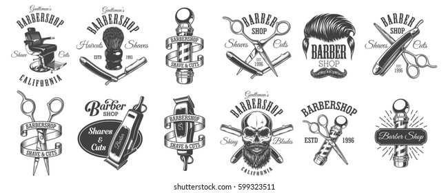 Set of vintage barbershop emblems, labels, badges, logos. Layered. Text is on separate layer. Isolated on white background - Powered by Shutterstock