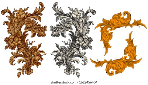 Set Of Vintage Baroque Ornament, Corner. Retro Pattern Antique Style Acanthus. Decorative Design, Textile And Digital Print Element - Illustration