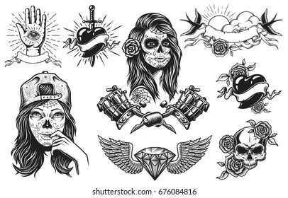 Set vintage black   white tattoo compositions isolated white background