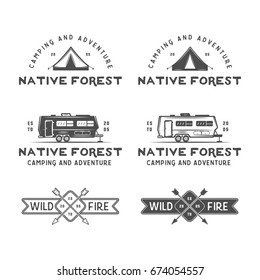 Set of vintage camping outdoor and adventure logos, badges, labels, emblems, marks and design elements. Graphic Design Art. Monochrome Illustration.

