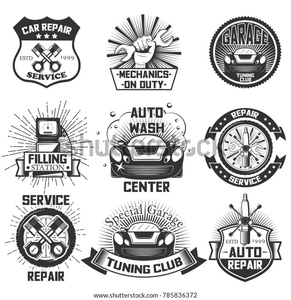Set of vintage car service\
logos, emblems, badges, symbols, icons isolated on white\
background. Typography design for auto repair, car wash business\
and print.