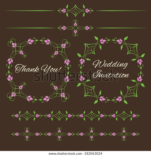 Set of vintage\
decorative calligraphic floral design elements isolated on brown\
background. Round frames, dividers, borders in green and pink. Page\
decoration. Raster\
copy.