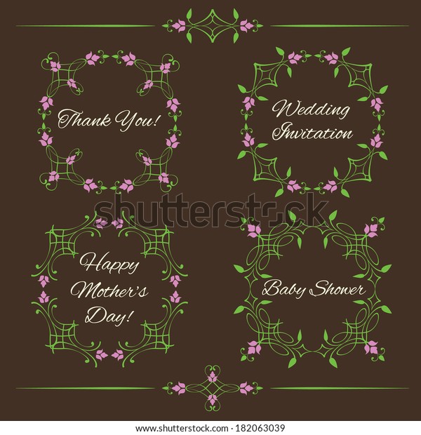 Set of vintage decorative\
calligraphic floral design elements isolated on brown background.\
Round frames, dividers in green and pink. Page decoration. Raster\
copy.