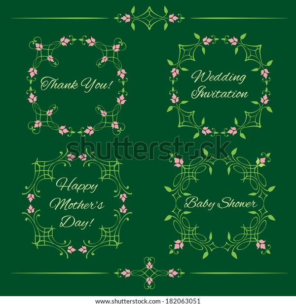 Set of vintage decorative\
calligraphic floral design elements isolated on dark green\
background. Round frames, dividers in green and pink. Page\
decoration. Raster\
copy.