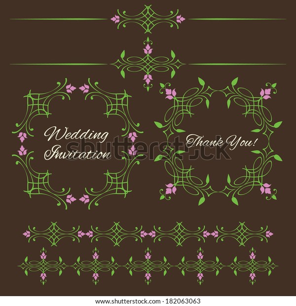 Set of vintage\
decorative calligraphic floral design elements isolated on brown\
background. Round frames, dividers, borders in green and pink. Page\
decoration. Raster\
copy.