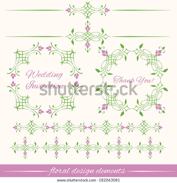 Set of vintage\
decorative calligraphic floral design elements isolated on white\
background. Round frames, dividers, borders in green and pink. Page\
decoration. Raster\
copy.