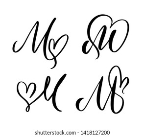 Set of Vintage floral letter monogram M. Calligraphy element Valentine flourish. Hand drawn heart sign for page decoration and design illustration. Love wedding card for invitation