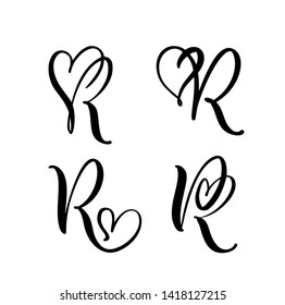 Set of Vintage floral letter monogram R. Calligraphy element Valentine flourish. Hand drawn heart sign for page decoration and design illustration. Love wedding card for invitation